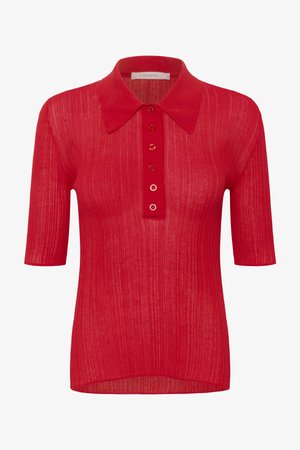 Piros rövid ujjú, bordázott kötött galléros póló öt apró gombbal az elülső patentos részen