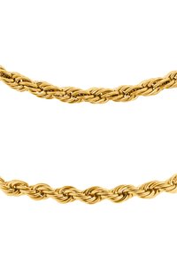 Collier en chaîne torsadée en or présentant un design tressé avec des maillons alternés, mettant en valeur une texture lisse et polie ainsi qu'une finition brillante.