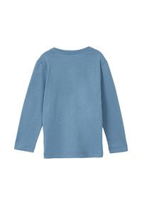 Langarm-T-Shirt aus weichem hellblauen Baumwollstoff, mit Rundhalsausschnitt und genähten Säumen, einfache, glatte Textur und keine Verzierungen.