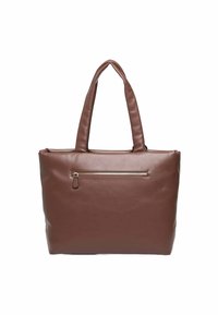 Sac cabas en similicuir marron avec deux poignées robustes, une poche avant zippée, et un design simple et lisse.