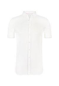 Weißes kurzärmeliges Hemd aus Baumwolle mit einem Button-Down-Kragen, versehen mit einer Knopfleiste auf der Vorderseite und gesteppten Manschetten.