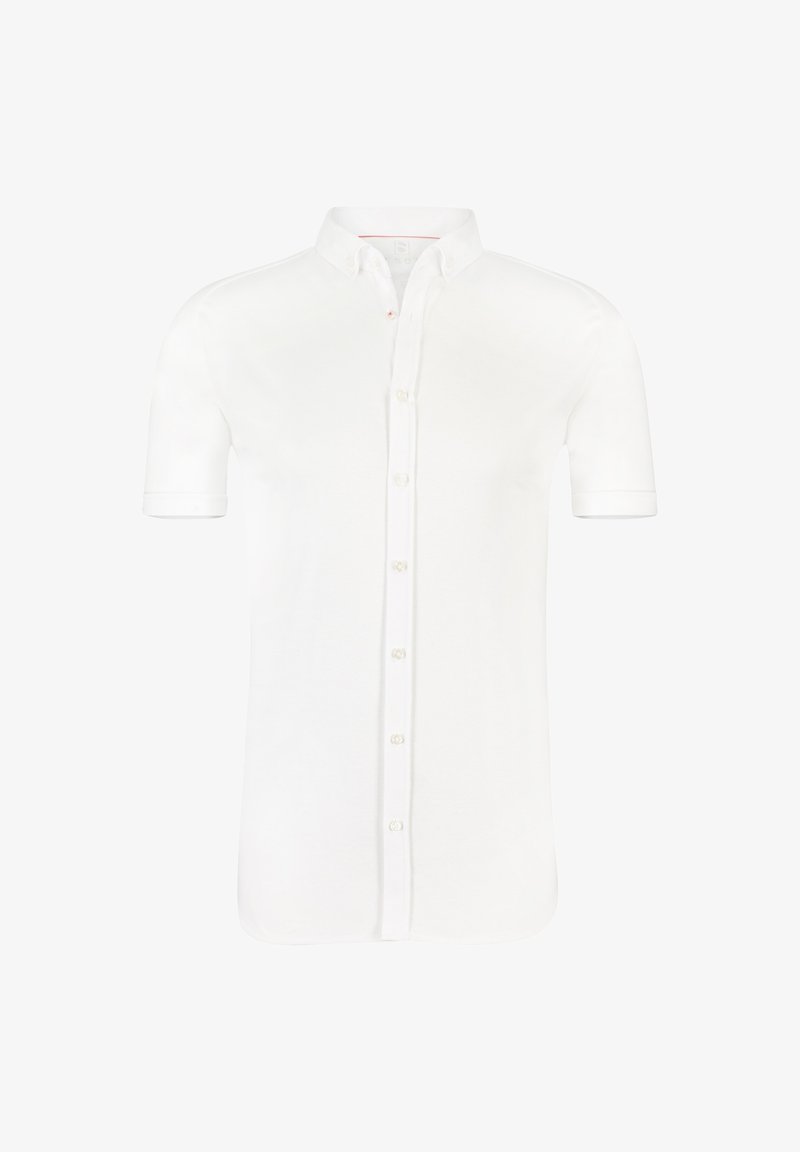 Weißes kurzärmeliges Hemd aus Baumwolle mit einem Button-Down-Kragen, versehen mit einer Knopfleiste auf der Vorderseite und gesteppten Manschetten.