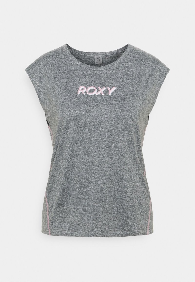 Šedý sportovní top s krátkými rukávy, se růžovým logem "ROXY" a bočním kontrastním prošíváním. Vyrobeno z měkkého, lehkého materiálu.