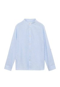 Camicia a maniche lunghe a righe blu chiaro con colletto rotondo e chiusura con bottoni sul davanti. Presenta una superficie liscia e una vestibilità sartoriale.