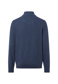 Strickpullover in Marineblau mit hohem Kragen, strukturiertem Stoff, langen Ärmeln sowie gerippten Bündchen und Saum. Die Rückansicht zeigt eine glatte Oberfläche.