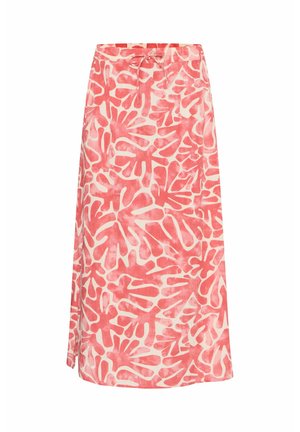 Leichter Baumwollrock mit einem rot-weißen abstrakten Blattmuster, ausgestattet mit einer Kordelzugtaille und einem lockeren Schnitt. Flacher Saum.