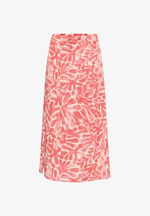 Leichter Baumwollrock mit einem rot-weißen abstrakten Blattmuster, ausgestattet mit einer Kordelzugtaille und einem lockeren Schnitt. Flacher Saum.