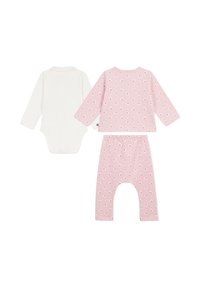 Completo per bambini composto da tre pezzi, incluso un body bianco a maniche lunghe e una maglietta a maniche lunghe con motivo floreale rosa e pantaloni coordinati.