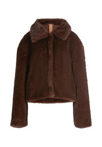 Brun faux fur jakke med krave, kort design, lange ærmer og en blød tekstur. Har en lukke detalje foran.