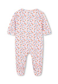 Combinaison bébé fleurie, rose clair avec de petites fleurs rouges, bleues et orange ; comporte des manches longues, un design pieds-nus et un col rond.