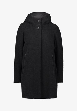 Manteau en mélange de laine noir avec capuche, deux poches latérales et fermeture à boutons. Présente une surface texturée et un ourlet droit.