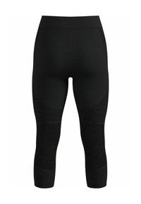 Schwarze, figurbetonte Capri-Leggings mit einem strukturierten Strickdesign, Rippakzenten und Netzeinsätzen für Atmungsaktivität. Hoher Taillenbund.