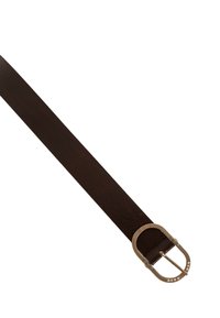 Cinturón de cuero marrón con una hebilla de metal redondeada que presenta pequeños remaches decorativos. El cinturón tiene una textura suave y un diseño sencillo y clásico.