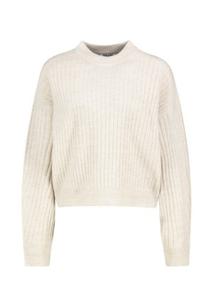 Cremfarbener, gerippter Strickpullover mit langen Ärmeln und hohem, rundem Halsausschnitt, tailliert.