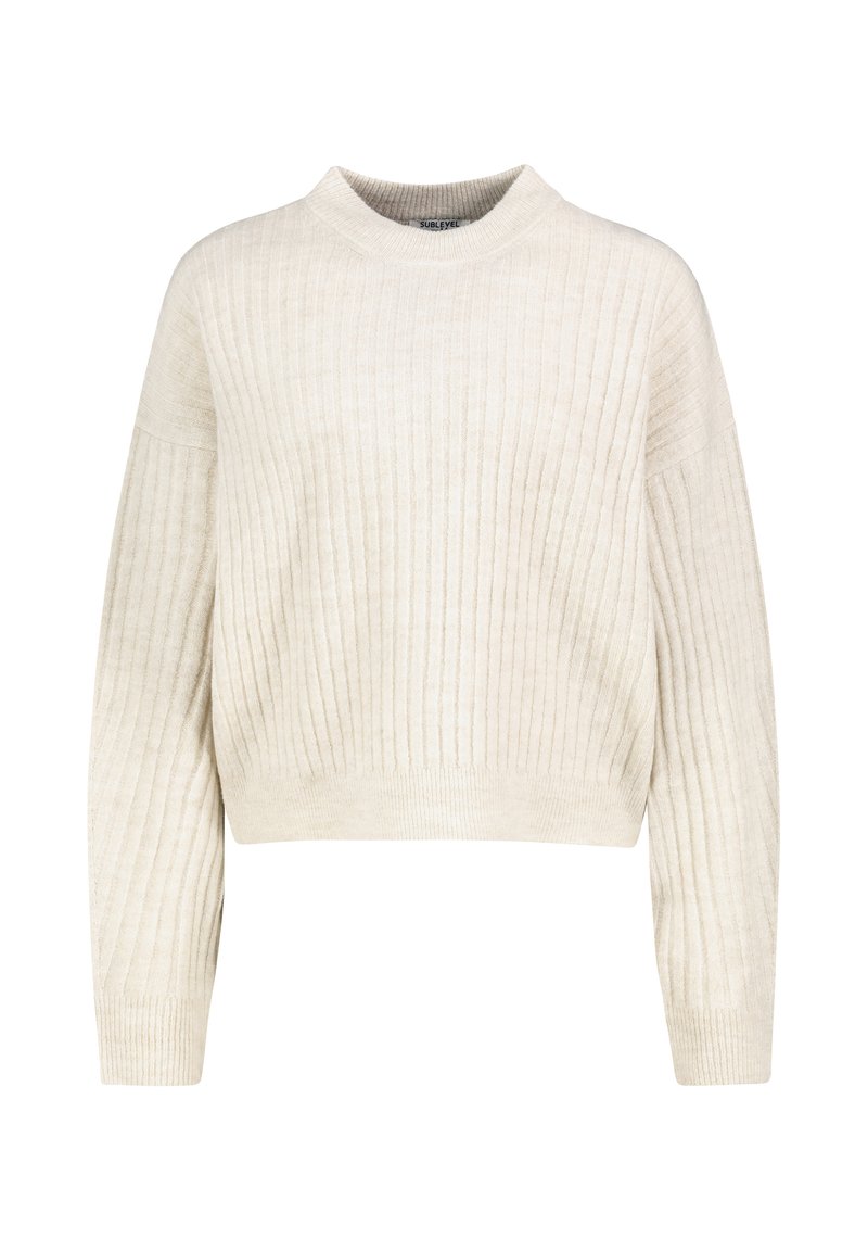 Cremfarbener, gerippter Strickpullover mit langen Ärmeln und hohem, rundem Halsausschnitt, tailliert.