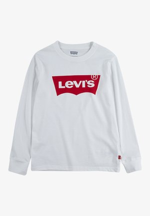 Baltos medvilninės ilgomis rankovėmis marškiniai su dideliu raudonu Levi's logotipu priekyje. Klasikinis apvalus kaklas su raukiniais ant rankovių.