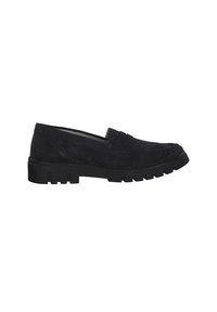 Mocassin noir en daim avec semelle épaisse crantée et détail bride penny, vue latérale, sur fond blanc.