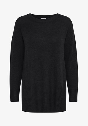 Zwarte trui van zacht gebreid materiaal, met lange mouwen, een brede ronde halslijn en ribbelstructuur aan de onderrand en manchetten.