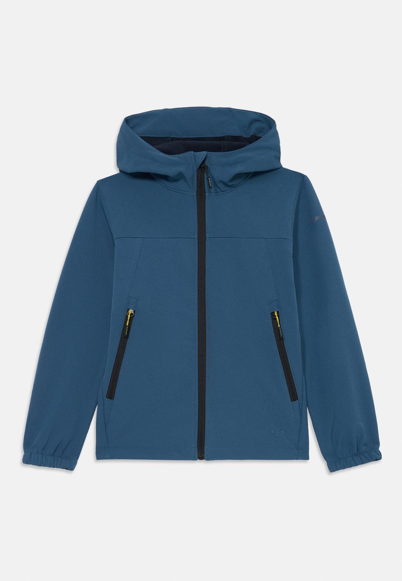 Blaue Kapuzenjacke mit einem Frontreißverschluss, schwarzen Reißverschlusstaschen und elastischen Bündchen. Glatte Textur, einfaches Design und einfarbig.