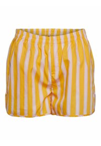 Gule og lyserøde stribede shorts med elastisk talje, der har en afslappet pasform og sidelommer, lavet af letvægtsstof.