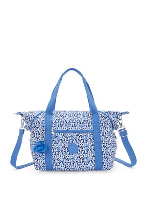 Blue patterned handbag made of durable fabric, featuring a main compartment, front zip pocket, and detachable shoulder strap.