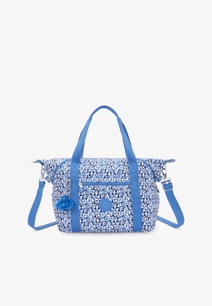 Borsa a tracolla blu con motivo, realizzata in tessuto resistente, dotata di un comparto principale, tasca frontale con zip e tracolla removibile.