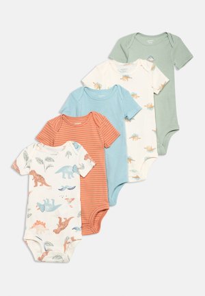 Cinq bodys pour bébé à manches courtes en vert, blanc avec des dinosaures, bleu, rayures orange, et blanc avec des imprimés de dinosaures colorés, disposés en éventail.