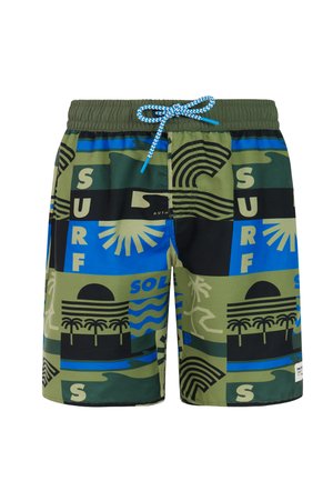 Groene en blauwe zwemshorts met zwarte tropische en surf-thema patronen, palmbomen, zon, golven en de tekst "SURF", met een blauw trekkoord.