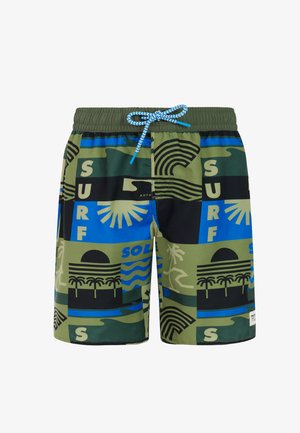Grønne og blå badebukser med sorte tropiske og surfeinspirerede mønstre, palmer, sol, bølger og teksten "SURF", med en blå snøre.