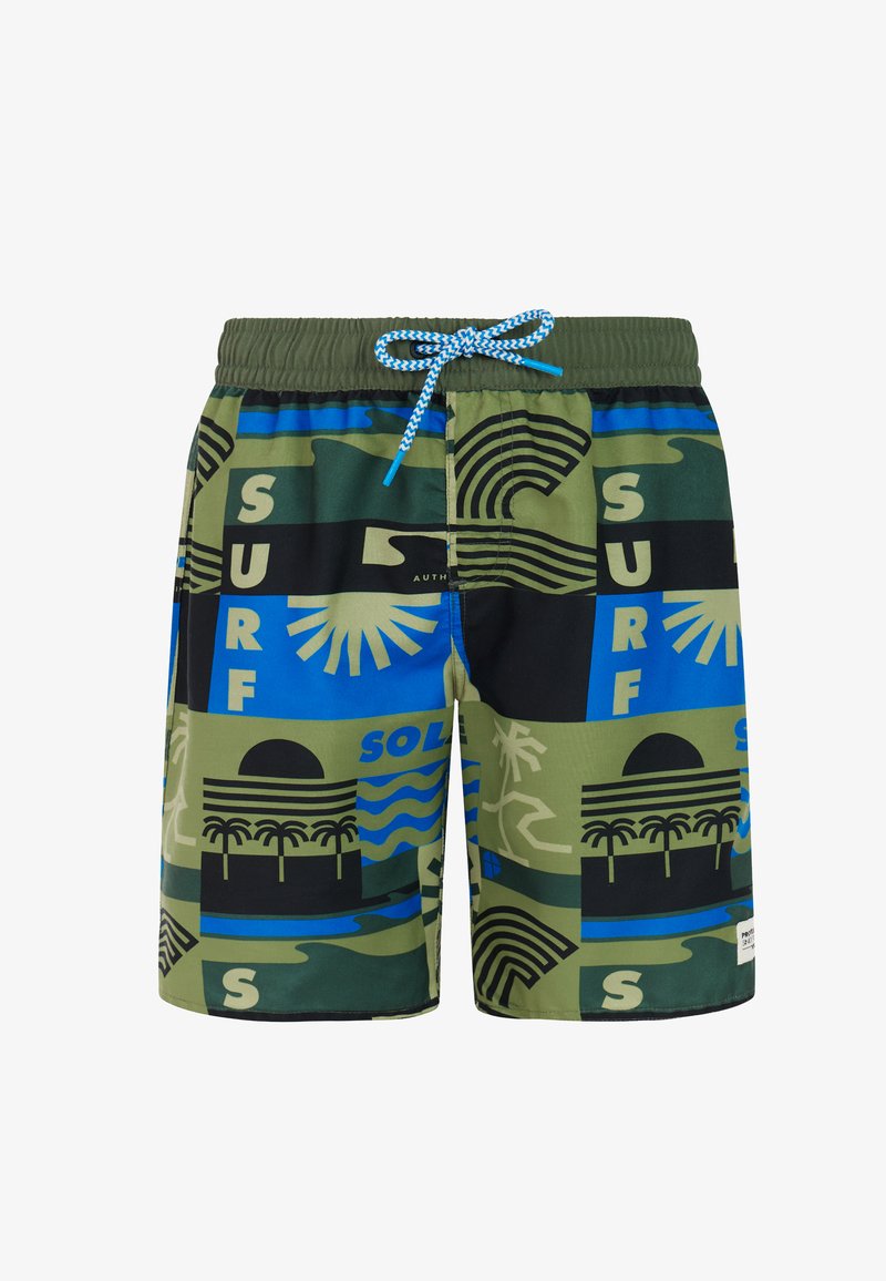 Zielono-niebieskie kąpielówki z czarnymi tropikalnymi i surfingowymi wzorami, palmami, słońcem, falami oraz napisem "SURF", wyposażone w niebieski sznurek do wiązania.