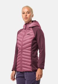 Veste légère avec capuche et fermeture éclair, présentant un devant matelassé rose et des manches violettes unies. Fabriquée à partir de matériaux doux et durables.