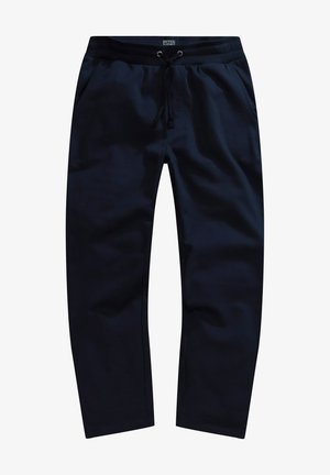 Navy Sweatpants aus weichem Stoff mit einem elastischen Bund und Kordelzug, zwei Seitentaschen und schmal zulaufenden Beinen.