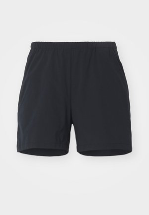 Shorts neri con elastico in vita, realizzati in tessuto leggero. Presentano una texture liscia e una gamba corta, adatti per un abbigliamento casual.