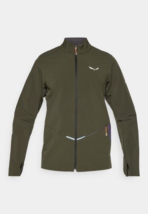 Olive roheline jakk, mis on valmistatud kergetest kangast, täis luku, kõrge kaeluse ja kontrastsete aktsentidega sinises ja lillades.