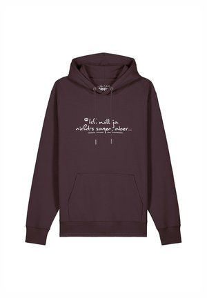 Dunkelbrauner Kapuzenpullover mit Fronttasche und Kordeln, mit weißem handgeschriebenem Text in Deutsch über der Brust.