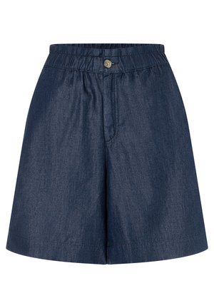 Dunkelblaue Jeansshorts mit elastischem Bund, Knopfverschluss und weitem Bein, auf weißem Hintergrund dargestellt.