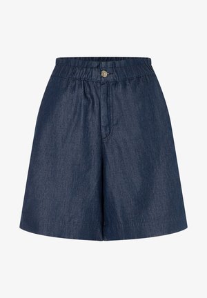 Dunkelblaue Jeansshorts mit elastischem Bund, Knopfverschluss und weitem Bein, auf weißem Hintergrund dargestellt.