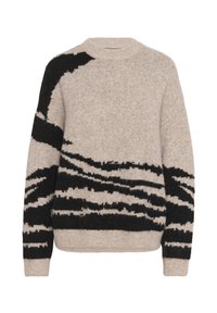 Pull beige avec un motif abstrait noir. Encolure ronde, manches longues, tissu texturé et bords côtelés.