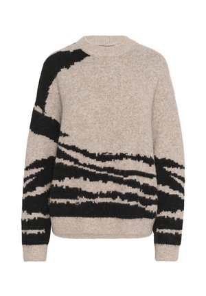 Beige sweater with black abstract pattern. Round neckline, long sleeves, textured fabric, and ribbed cuffs and hem.