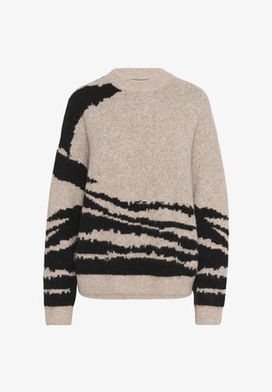 Beige sweater with black abstract pattern. Round neckline, long sleeves, textured fabric, and ribbed cuffs and hem.