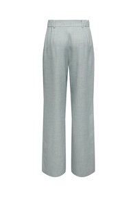 Pantalon large gris clair avec une ceinture élastique à l'arrière et des passants pour ceinture, vu de dos.