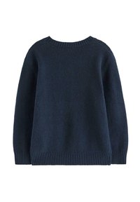 Granatowy sweter z dzianiny z okrągłym dekoltem, ściągaczami przy mankietach i u dołu. Miękka tekstura i luźny krój, charakteryzujący się prostą sylwetką.
