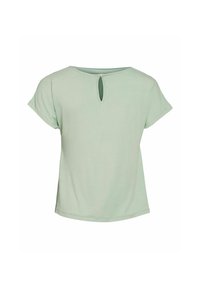 Top verde chiaro a maniche corte con scollatura rotonda e un piccolo apertura a chiave sul retro. Realizzato in tessuto morbido e leggero.