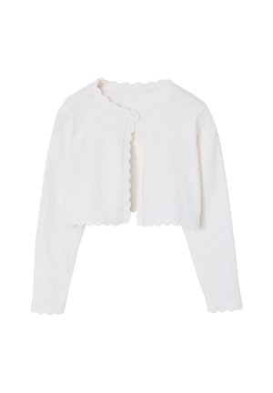 Weißer, langärmliger, gekürzter Cardigan mit gewellten Kanten und einem einzelnen Knopfverschluss am Halsausschnitt.