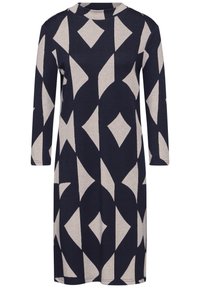 Robe bleu marine avec un motif géométrique crème, à manches longues et col haut, fabriquée dans un matériau doux et léger.