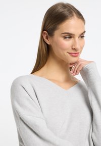 Hellgrauer V-Ausschnitt-Pullover mit lockerer Passform, gerippten Bündchen und weicher Textur. Zeigt ein glattes Strickmuster ohne Muster oder Verzierungen.