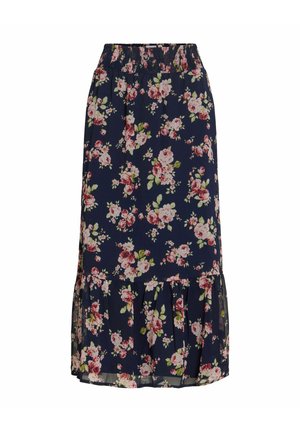 Jupe midi bleu marine à imprimé floral rose et blanc, taille smockée et ourlet à volants.