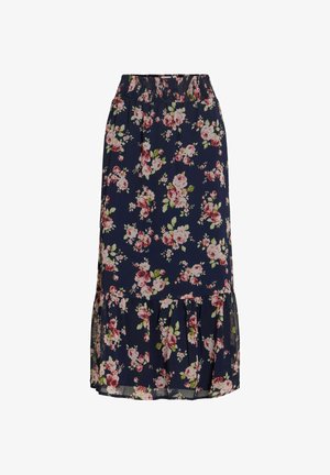 Jupe midi bleu marine à imprimé floral rose et blanc, taille smockée et ourlet à volants.