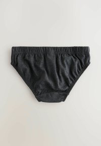 Dunkelgraue Baumwollpanties mit elastischem Bund, gerafften Seiten und glatter Textur. Keine zusätzlichen Muster oder Hardwaredetails sichtbar.