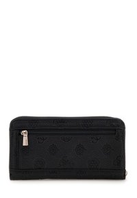 Portefeuille en cuir noir avec motif embossé. Forme rectangulaire, poche zippée à l'avant et accent de tirette métallique. Fini texturé.